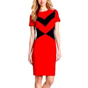 Vince Camuto Women's Dress Ponte Red Black Color Block Diagonal Sheath Size 8